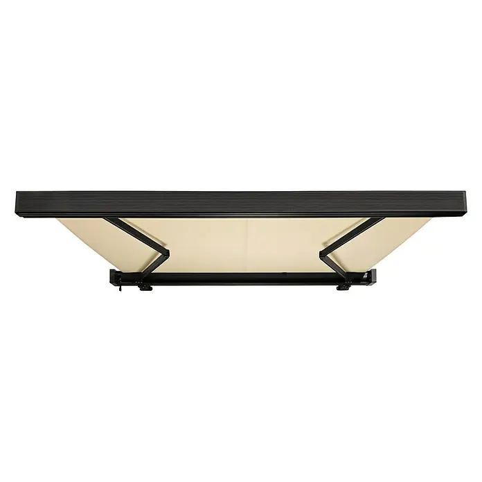 Sunfun Vollkassettenmarkise Crudo - Beige, Farbe Gestell: Anthrazit, Breite: 5 m, Ausfall: 3 m - Nahaufnahme einer ausfahrbaren Markise mit schwarzem Rahmen und beigem Stoff, die Schatten und Schutz bietet.