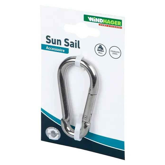 Windhager Karabinerhaken - Geeignet für: Sonnensegel, Edelstahl, Silber - Nahaufnahme eines Windhager Sun Sail Karabinerhakens aus Edelstahl, verpackt und mit einer Kunststoffbefestigung versehen.