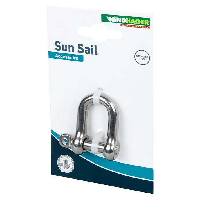 Windhager Sonnenschutz-Befestigung D-Schäkel - Geeignet für: Sonnensegel, Edelstahl, Silber - Eine Nahaufnahme eines Sun Sail Accessoire Sets von Windhager mit Schäkel aus Edelstahl, ideal für Sonnensegelbefestigungen.