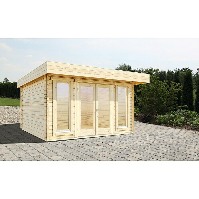 Wolff Finnhaus Gartenhaus Malmö 70-A XL (Außenmaß inkl. Dachüberstand (B x T): 410 x 350 cm, Holz, Naturbelassen)