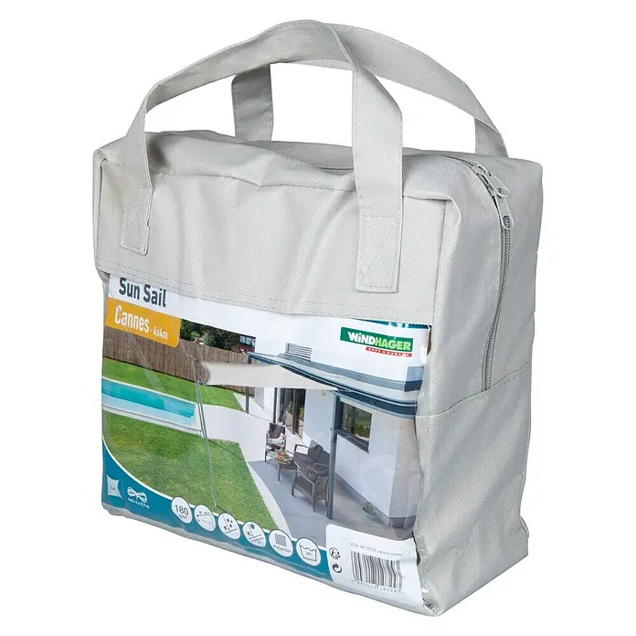 Windhager Sonnensegel - Weiß, B x L: 4 x 4 m - Graue Tasche mit Griffen, die ein "Sun Sail Cannes 4x4m" Produkt von Windhager enthält. Ideal für Schatten im Garten.