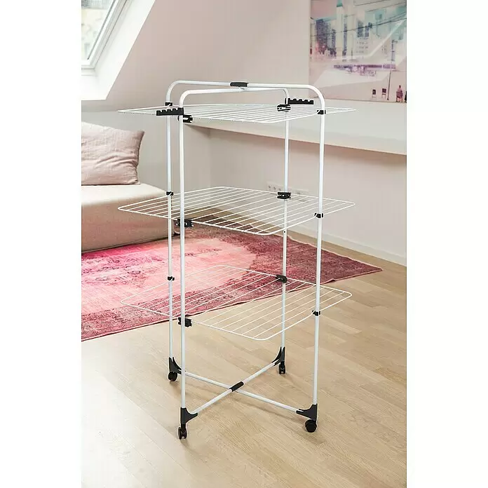Vileda Turm-Wäscheständer Level 3 - Länge Wäscheleine: 33 m, L x B x H: 69 x 74 x 130 cm, Weiß/Anthrazitgrau - Weißer und schwarzer mehrstufiger Wäscheständer auf Rollen.