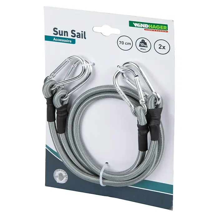 Windhager Expanderseil - 2 Stk., Geeignet für: Sonnensegel, Grau - Ein Windhager Sonnensegel-Zubehörset mit zwei Stück 70 cm langen Spanngummis mit Karabinerhaken, ideal für die Befestigung von Sonnensegeln.