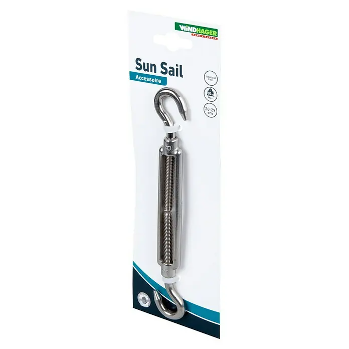 Windhager Spannanker - Edelstahl, Länge: 200 mm - Nahaufnahme eines Spannschlosses für Sonnensegel auf einer Produktverpackung.