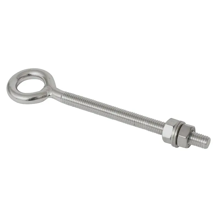 Windhager Ösenschraube - Durchmesser: 17 mm, Länge: 100 mm, Edelstahl - Nahaufnahme eines glänzenden, silberfarbenen Ringschraube mit Gewinde und Muttern. Ideal für Befestigungen und Aufhängungen.