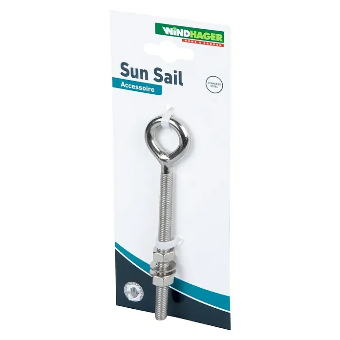 Windhager Ösenschraube - Durchmesser: 17 mm, Länge: 100 mm, Edelstahl - Nahaufnahme eines Sun Sail Zubehörs, einem rostfreien Stahlbauteil mit Gewinde, verpackt auf einer weißen Karte mit blauem Design.