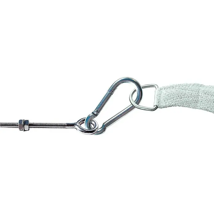Windhager Ösenschraube - Durchmesser: 17 mm, Länge: 100 mm, Edelstahl - Nahaufnahme eines Karabiners mit Gewinde und Gurtband. Ideal für sichere Befestigungen und vielseitige Anwendungen.
