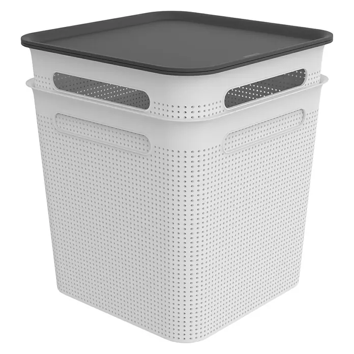 Rotho Aufbewahrungsbox Brisen - L x B x H: 29,1 x 29,1 x 28,1 cm, Kunststoff, Weiß - Helle Kunststoffbox mit grauem Deckel und Griffen. Die Box hat viele kleine Löcher zur Belüftung und ist ideal für die Aufbewahrung.