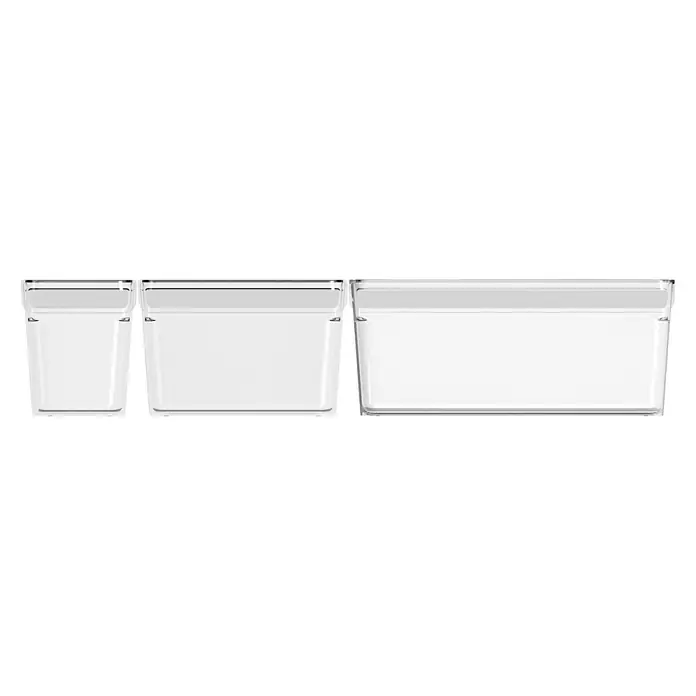 Rotho Kühlschrankorganizer-Set Loft - Kunststoff, Transparent, 3 Stk. - Dieses Bild zeigt drei verschieden große, durchsichtige Schubladen aus Kunststoff für die Aufbewahrung von Gegenständen.