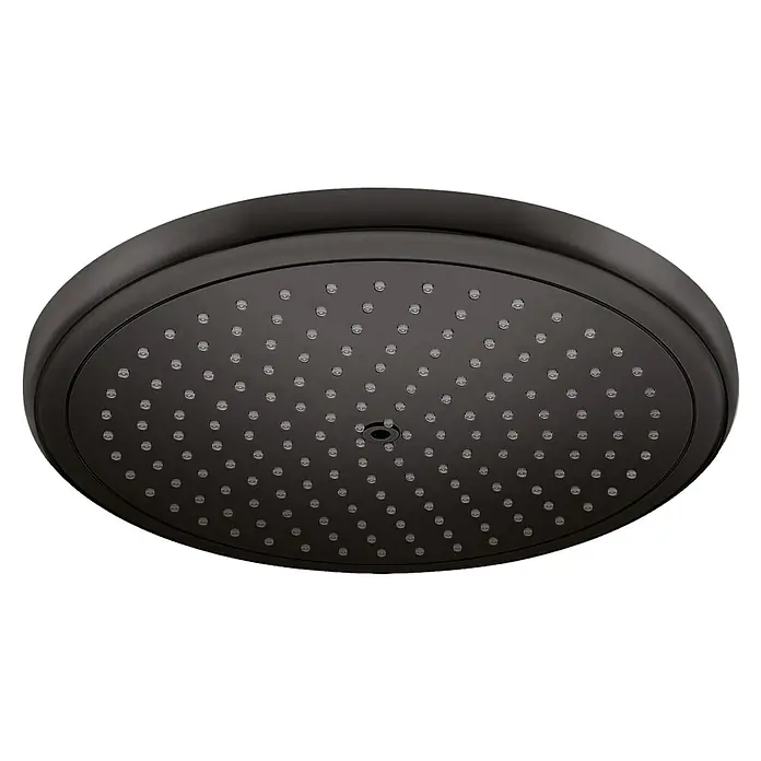 Hansgrohe Croma Kopfbrause 280 Air - Durchmesser: 28 cm, 15,6 l/min, Anzahl Funktionen: 1 Stk., Schwarz - Nahaufnahme eines runden, mattschwarzen Duschkopfes mit mehreren kleinen Düsen und einer zentralen Öffnung vor schwarzem Hintergrund.
