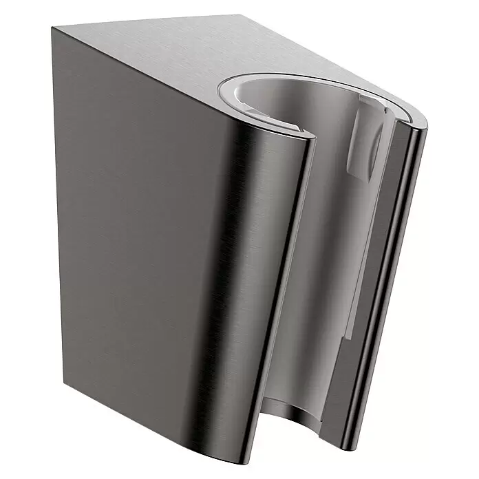 Hansgrohe Brausehalter Porter S - Kunststoff, Schwarz/Chrom - Dunkelgraue Handbrausehalterung aus gebürstetem Metall mit rechteckiger Basis und offener, gebogener Halterung.