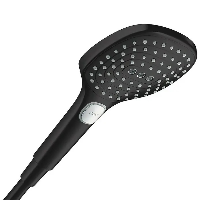 Hansgrohe Raindance Select E Handbrause 120 - Durchmesser: 12 cm, Schwarz - Schwarzer Handbrausekopf mit SELECT-Taste und mehreren Wasseraustrittsöffnungen für ein angenehmes Duscherlebnis.