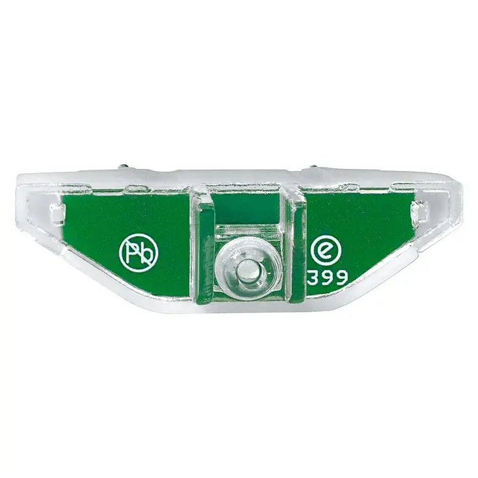 Merten Glimmlampen-Einsatz MEG3901-0006 - 230 V, Unterputzmontage - Nahaufnahme einer grünen, rechteckigen Lichtanzeige mit den Symbolen Pb und E sowie der Zahl 399.