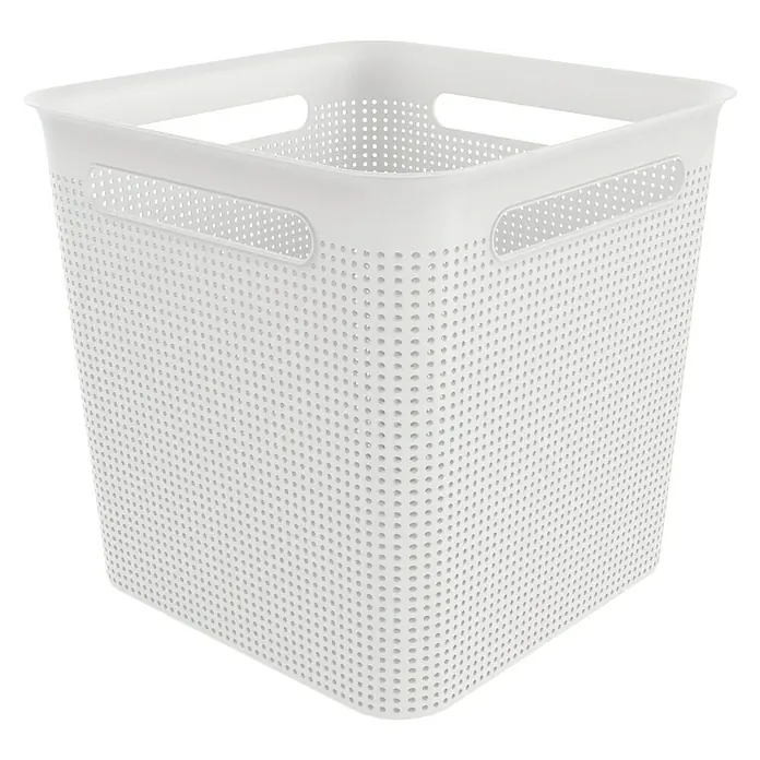 Rotho Aufbewahrungsbox Brisen - L x B x H: 29,1 x 29,1 x 28,1 cm, Kunststoff, Weiß - Ein weißer, quadratischer Kunststoffkorb mit Griffen und kleinen Löchern für Belüftung, ideal zur Aufbewahrung.