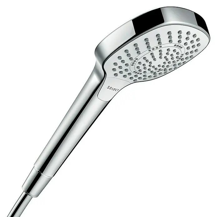 Hansgrohe Croma Select E Handbrause Multi Ecosmart - Chrom - Nahaufnahme eines Chrom-Handbrausekopfes mit "Select"-Taste zur Strahlartenwahl. Elegantes Design für ein modernes Badezimmer.