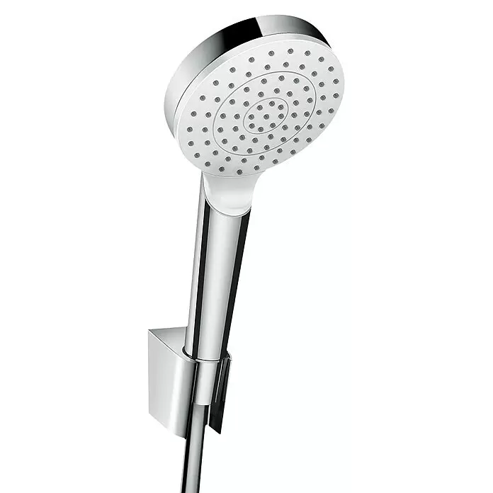 Hansgrohe Crometta Brause-Set 100 - Anzahl Strahlarten: 1 Stk., Wassersparfunktion, Chrom, Länge Brauseschlauch: 125 cm - Verchromte Handbrause mit weißer Duschfläche und grauen Düsen, in einer Wandhalterung.