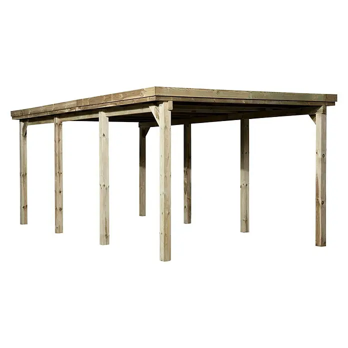 Weka Carport Optima - Außenmaß inkl. Dachüberstand (B x T): 3,22 x 6,12 m, Einzelcarport, Kesseldruckimprägniert - Bild eines Carports aus hellem Holz mit flachem Dach und Stützpfeilern auf schwarzem Hintergrund.