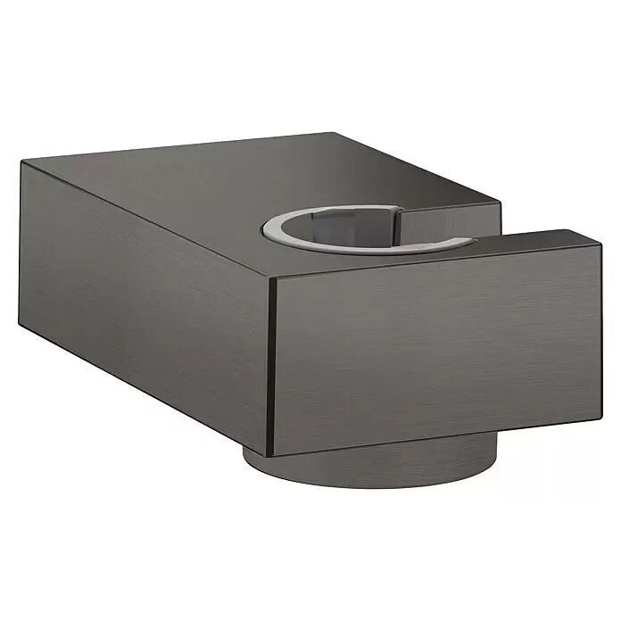 Hansgrohe Brausehalter Porter E - Metall, Schwarz/Chrom - Dunkelgrauer Wandanschluss und Halterung für Brauseschlauch in gebürsteter Metalloptik.