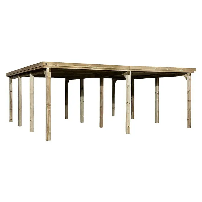Weka Carport Optima Duo - Außenmaß inkl. Dachüberstand (B x T): 6,03 x 6,12 m, Doppelcarport, Kesseldruckimprägniert - Holzcarport mit zahlreichen Pfosten, die das Dach tragen. Die Konstruktion ist stabil und bietet Schutz vor Wettereinflüssen für Fahrzeuge.