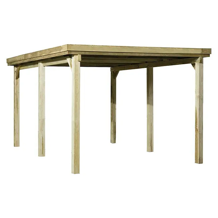 Weka Carport Optima - Außenmaß inkl. Dachüberstand (B x T): 3,22 x 5,12 m, Einzelcarport, Kesseldruckimprägniert - Eine hölzerne Terrassenüberdachung mit sechs Stützpfeilern und einem Flachdach, ideal für den Garten oder die Terrasse.