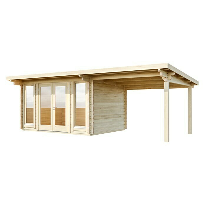 Wolff Finnhaus Gartenhaus Trondheim 70-A XL (Außenmaß inkl. Dachüberstand (B x T): 680 x 390 cm, Holz, Naturbelassen, Mit rechtseitigem Anbau)