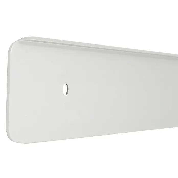 Kantoflex Abschlussprofil - 60 x 3,9 cm, Silber - Nahaufnahme einer weißen, rechteckigen Wandleiste mit abgerundeten Kanten und einem Loch für die Befestigung. Ideal für jede Raumgestaltung.