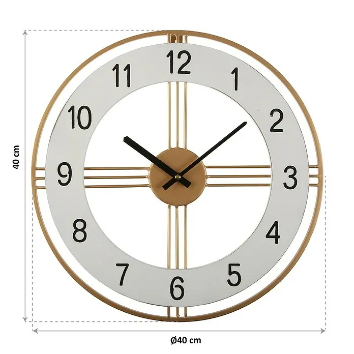 Versa Reloj de pared - Diámetro: 40 cm, Dorado/Blanco - Elegante reloj de pared dorado con esfera blanca y números negros. Diseño elegante para tu hogar. Diámetro 40 cm.