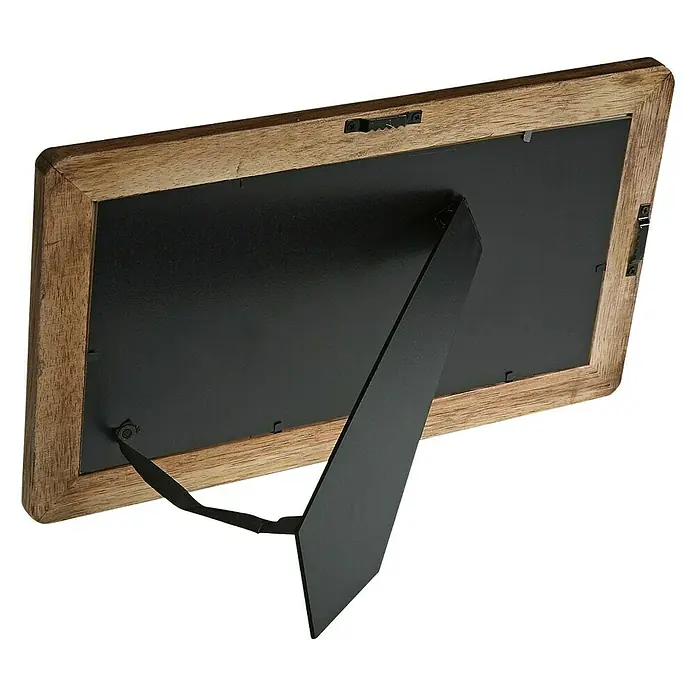 Versa Marco de fotos Múltiple 3 Ventanas - Marrón, Madera - Vista trasera de un marco de fotos de madera con soporte negro, ideal para exhibir fotos y obras de arte.