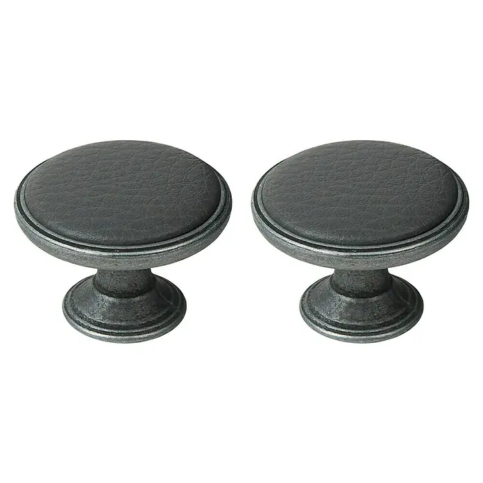 Möbelknopf-Set - 2 Stk., Ø x H: 37 x 26 mm, Leder, Altsilber, Anthrazit - Zwei graue Schubladenknöpfe mit Leder-Akzenten. Sie verleihen jedem Möbelstück einen eleganten, modernen Touch.