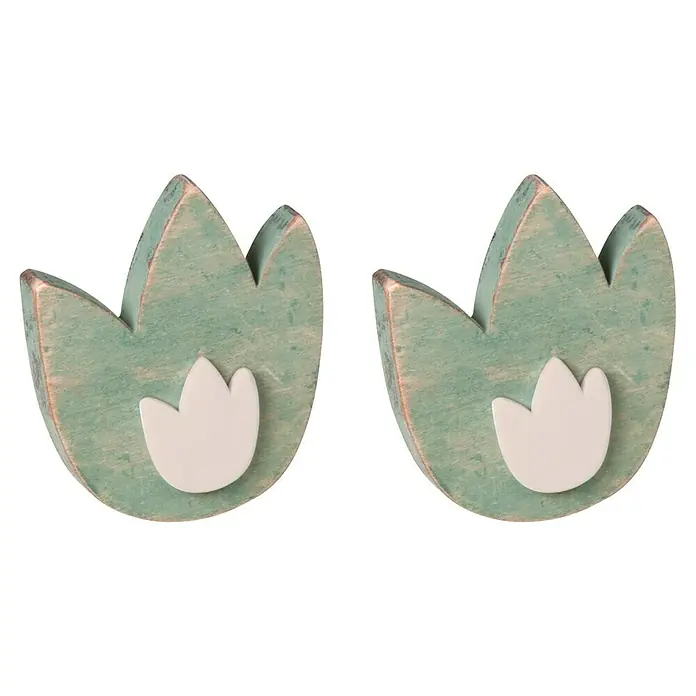 Möbelknopf-Set Tulpe - 2 Stk., Typ Möbelgriff: Knopf, Ø x H: 57 x 32 mm, Holz, Lackiert - Zwei dekorative, hellgrüne Holz-Tulpen mit weißem Akzent, ideal für frühlingshafte Dekorationen und als charmante Tischdekoration.