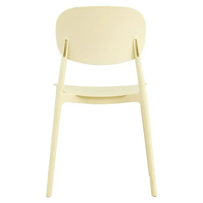 Silla de jardín Tatum - 46 x 50 x 80 cm, Beige, Polipropileno, Apilable - Primer plano de una silla amarilla clara con un diseño minimalista, destacando las líneas limpias y la estética sencilla del mueble.