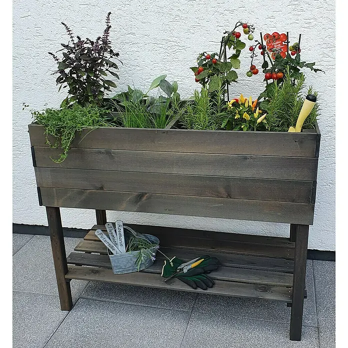 Promadino Kräuterhochbeet - L x B x H: 100 x 50 x 80 cm, Grau - Kräutergarten auf einem Hochbeet aus Holz mit Kräutern wie Basilikum, Thymian und Tomaten.