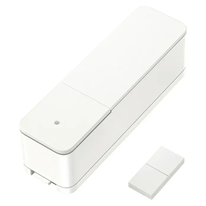 Bosch Smart Home Funk-Fensterkontakt II - Weiß, Batteriebetrieben, 23 x 22 x 75 mm, 1 Stk. - Ein weißes Smart-Home-Gerät für die Hausautomation mit einem kleinen, rechteckigen Zubehörteil auf schwarzem Hintergrund.