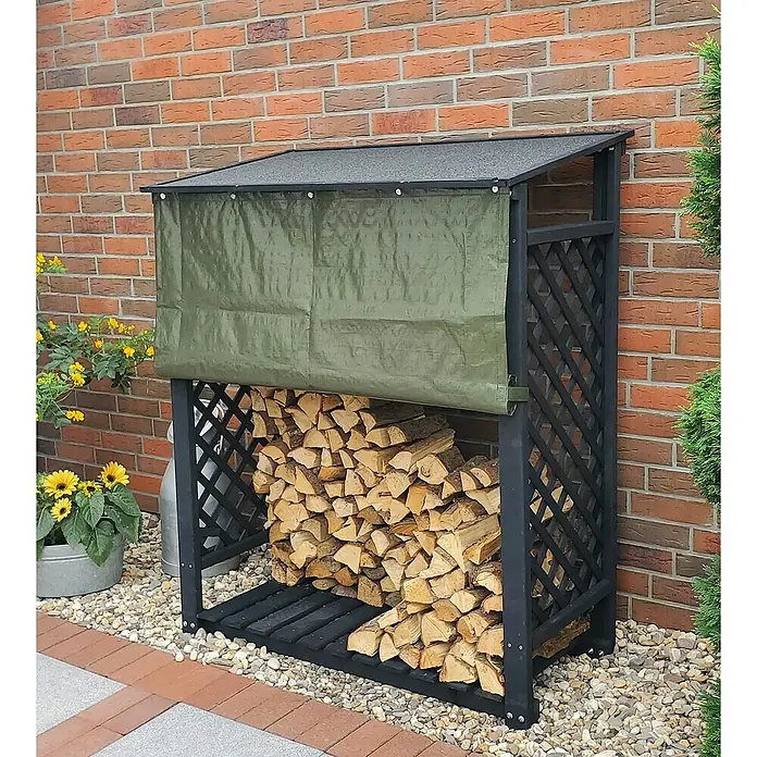 Promadino Kaminholzregal Speyer mit Wetterschutz - 120 x 68 x 148 cm, Anthrazit - Brennholzregal mit Abdeckung und Holzscheiten vor einer Ziegelwand. Praktische und stilvolle Lagerlösung für Ihr Brennholz.