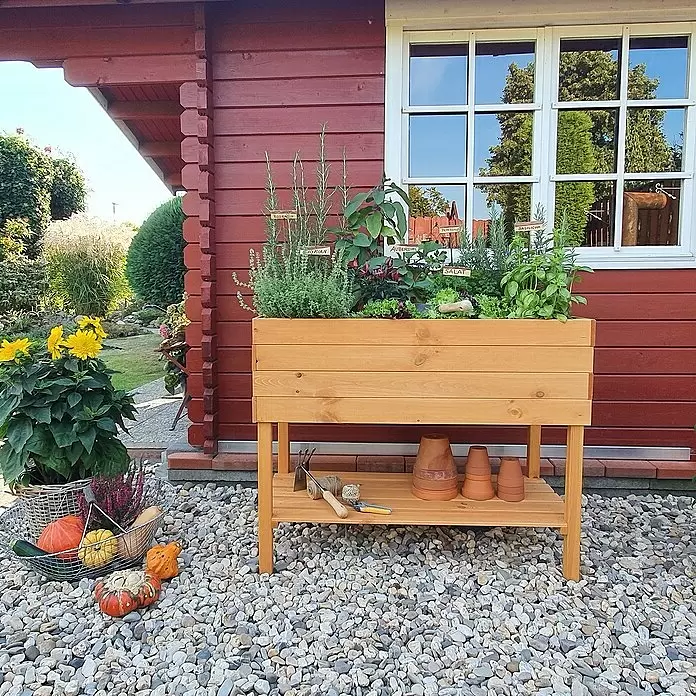 Promadino Kräuterhochbeet - L x B x H: 100 x 50 x 80 cm, Honigbraun - Hölzernes Hochbeet mit Ablage, bepflanzt mit Kräutern und Gemüse, draußen vor einem roten Gartenhaus.
