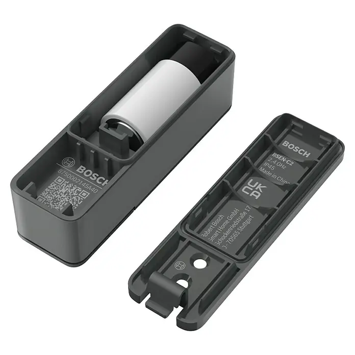 Bosch Smart Home Funk-Fensterkontakt II - Anthrazit, Batteriebetrieben, 23 x 22 x 75 mm, 1 Stk. - Bosch Smart Home Tür-/Fensterkontakt II mit Batterie und Gehäuse geöffnet, Detailaufnahme.