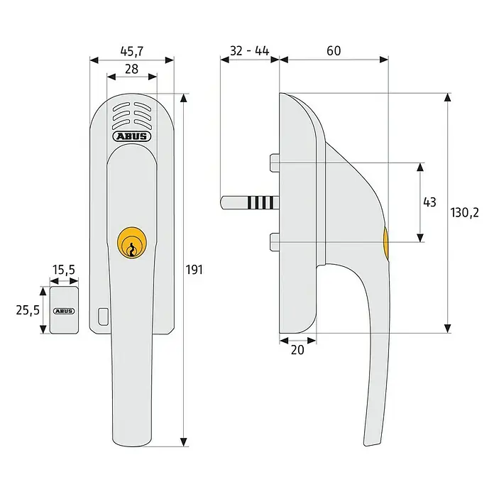 Abus Alarm-Fenstergriff FG 300A - DIN Anschlag: Universell einsetzbar, Weiß, Abschließbar - Abus Fenstergriff mit Abmessungen in technischer Zeichnung.