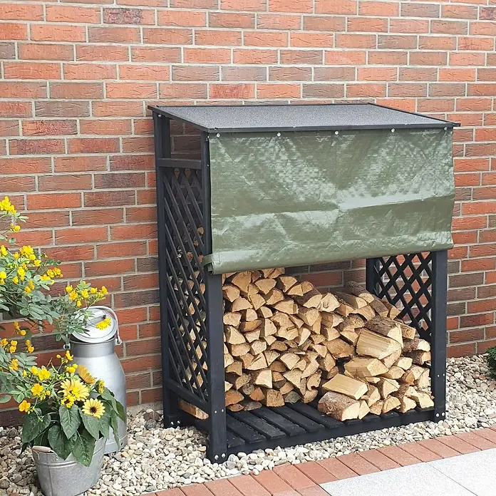 Promadino Kaminholzregal Speyer mit Wetterschutz - 120 x 68 x 148 cm, Anthrazit - Holzlagerregal aus Holz mit Abdeckung und viel Holz gestapelt. Perfekt für die Lagerung von Brennholz im Freien.