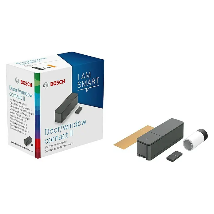 Bosch Smart Home Funk-Fensterkontakt II - Anthrazit, Batteriebetrieben, 23 x 22 x 75 mm, 1 Stk. - Das Bild zeigt die Verpackung und das Produkt Bosch Door/Window Contact II, ein Smart-Home-Gerät zur Überwachung von Türen und Fenstern.