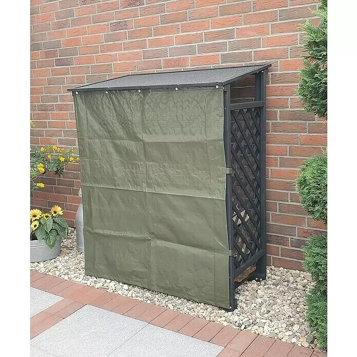 Promadino Kaminholzregal Speyer mit Wetterschutz - 120 x 68 x 148 cm, Anthrazit - Dunkelgraues Brennholzlager mit Schrägdach, teilweise mit einer olivgrünen Plane bedeckt.