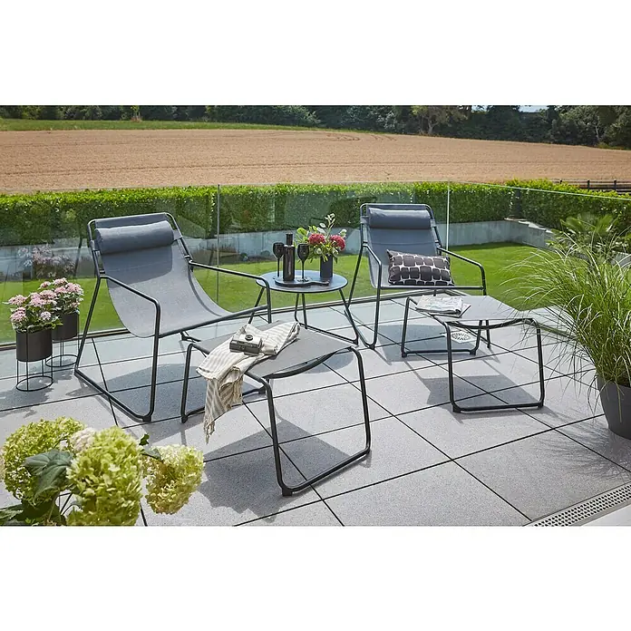 Sunfun Melina Gartenhocker - Stahl/Textilene, Anthrazit, B x T x H: 52 x 78 x 41 cm - Entspannen Sie stilvoll mit diesem eleganten Lounge-Set. Das Set beinhaltet zwei graue Stühle und passende Tische für den Außenbereich.