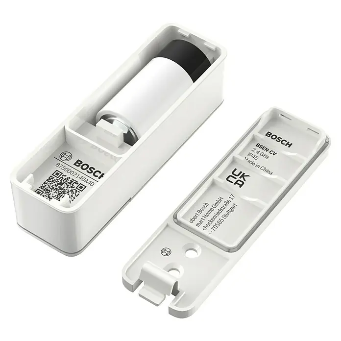Bosch Smart Home Funk-Fensterkontakt II Plus - Weiß, Batteriebetrieben, 23 x 22 x 75 mm, 1 Stk. - Ein offenes Bosch Smart Home Gerät mit sichtbarer Batterie und Produktinformationen auf dem Deckel.
