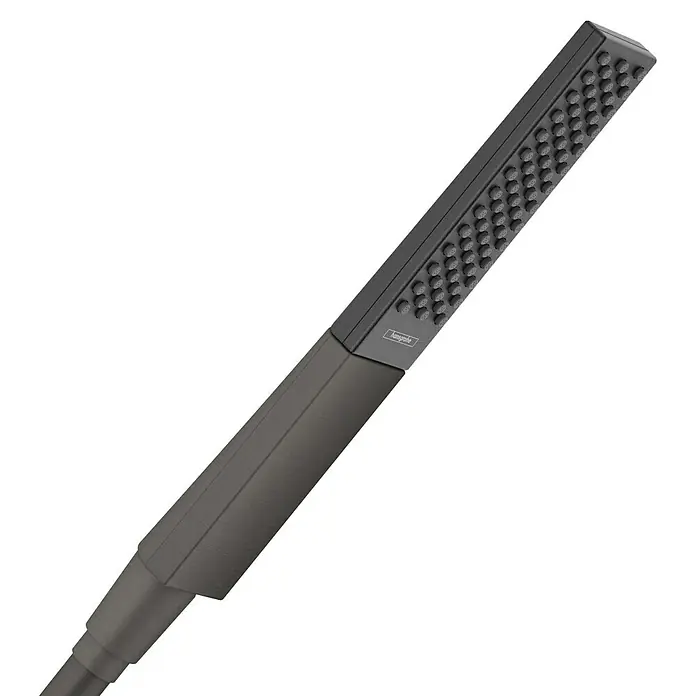 Hansgrohe Rainfinity Handbrause 100 EcoSmart - Anzahl Funktionen: 1 Stk., Länge: 23 cm, Schwarz/Chrom/Graphit - Nahaufnahme eines modernen, mattschwarzen Duschkopfes mit rechteckiger Form und kleinen Düsen.