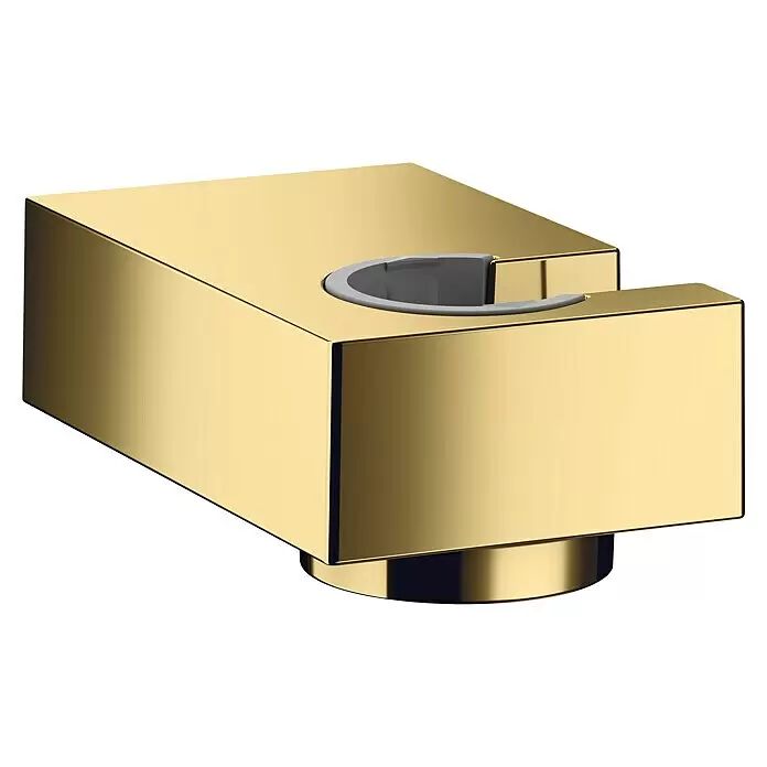 Hansgrohe Brausehalter Porter E - Metall, Gold - Goldener rechteckiger Brausehalter mit C-förmiger Öffnung, grauer Innenauskleidung und rundem Sockel.