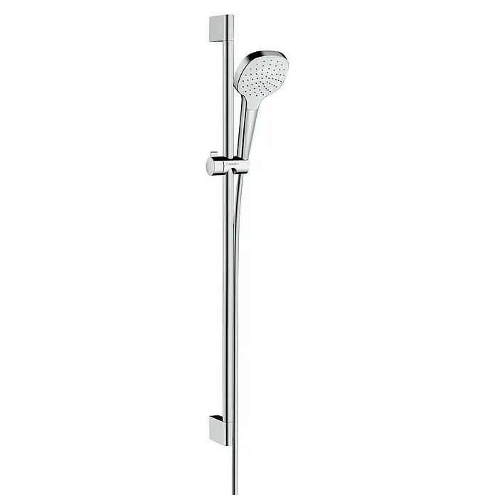 Hansgrohe Croma Select E Brausegarnitur 110 - Lochabstand: 91,5 cm, Art Strahl: Rain, Chrom/Weiß, Wassersparfunktion - Duschstangenset mit Handbrause in Chromoptik. Modernes Design für ein stilvolles Badezimmer, inklusive verstellbarer Halterung für individuellen Komfort.