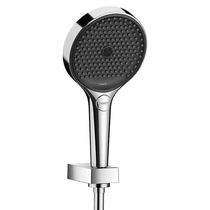 Hansgrohe Rainfinity Brause-Set 130 - Anzahl Strahlarten: 3 Stk., Durchmesser Handbrause: 13 cm, Chrom, Länge Brauseschlauch: 160 cm - Nahaufnahme eines Hansgrohe Select Handbrause-Sets mit verschiedenen Strahlarten für ein individuelles Duscherlebnis.