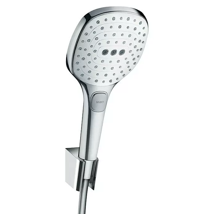 Hansgrohe Brause-Set Raindance Select E 120 - Anzahl Strahlarten: 3 Stk., Durchmesser Handbrause: 12 cm, Weiß/Chrom - Chrom-Handbrause mit verschiedenen Strahlarten und „SELECT“-Taste, in Wandhalterung.