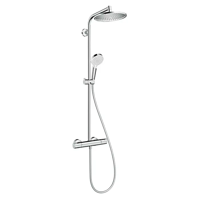 Hansgrohe Crometta Duschsystem S 240 Eco - Mit Thermostatarmatur, Lochabstand: 103,4 cm, Anzahl Strahlarten: 2 Stk., Chrom - Duschsystem mit Kopf- und Handbrause in Chrom, für ein luxuriöses Duscherlebnis. Hochwertiges Design und einfache Installation.