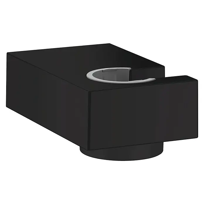 Hansgrohe Brausehalter Porter E - Metall, Schwarz - Nahaufnahme eines modernen, schwarzen Seifenspenders mit einem eleganten, weißen Halter.