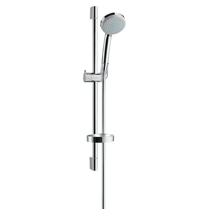 Hansgrohe Croma 100 Brausegarnitur Vario - Lochabstand: 62,5 cm, Art Strahl: Rain, Normalstrahl, Shampoostrahl, Massagestrahl, Chrom, Wassersparfunktion - Detaillierte Aufnahme eines verchromten Brausesets mit Handbrause und Brausestange. Moderner Duschkopf für ein stilvolles Badezimmer.